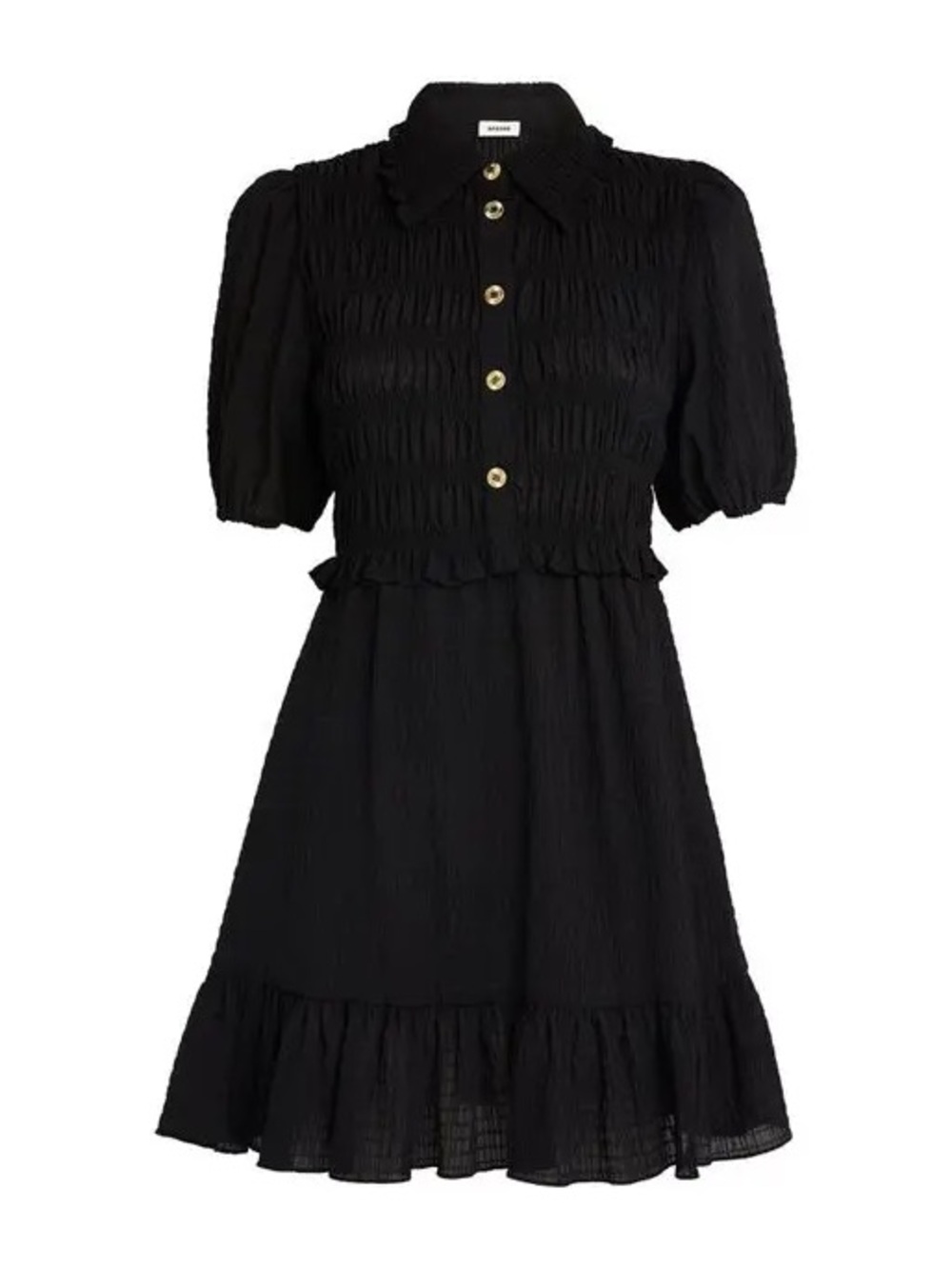 Sandro Black Smocked Puff-Sleeve Mini Dress with Gold Buttons Size 38